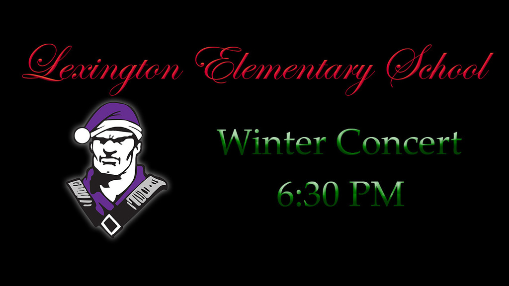 Minuteman in Santa hat with text saying Lexington Elementary School Winter Concert 6:30 PM