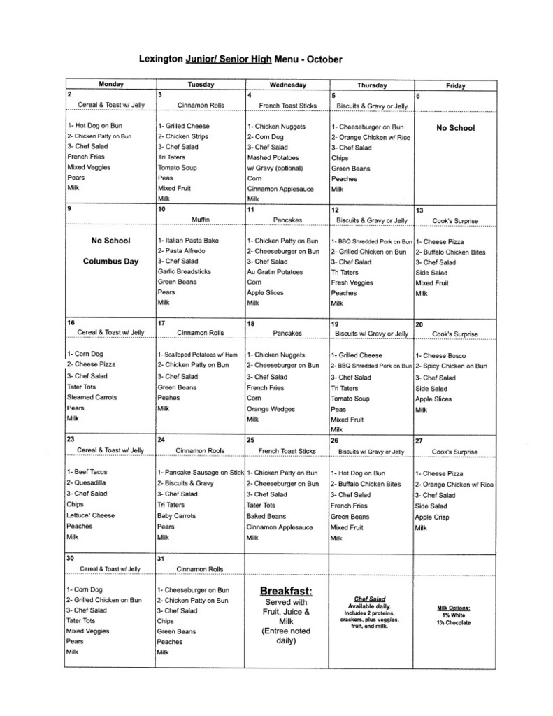 Jr High/High School Lunch Menu
